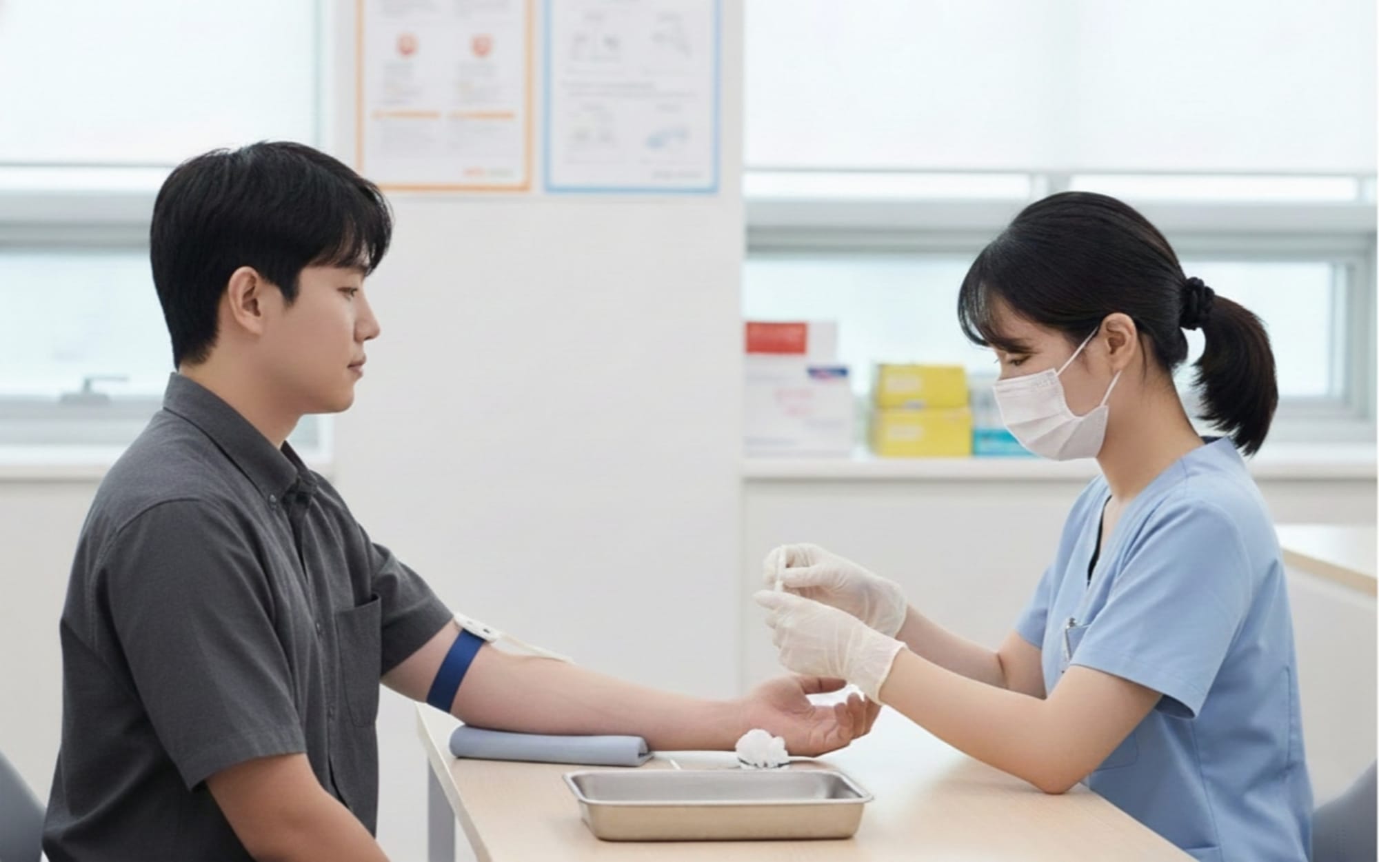 혈액 샘플을 채취하고 있는 임상병리사와 환자의 모습